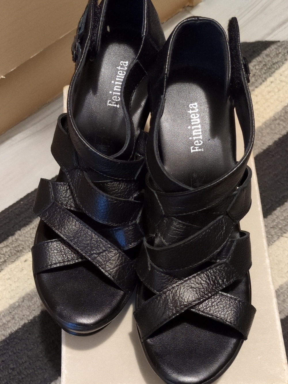 Black Leather-Look Strappy Wedge Sandals - Women's